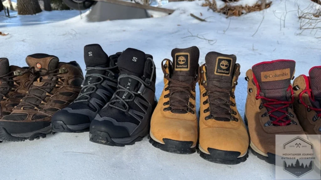 Front View Of the Mt Maddsen Salomon X Ultra 4 Mid GTX and Merrell Moab In the snow, illustrating options for hikers