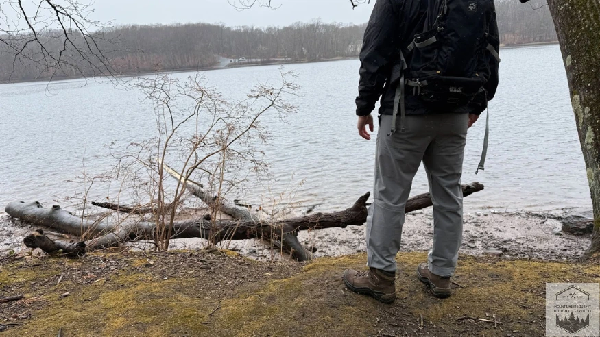 Taking in a moment after the hike to look over the lake and enjoy the present moment