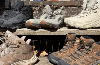 Lineup Of Our Best Mens Hiking Boots featuring all 5 boots sitting on wooden steps