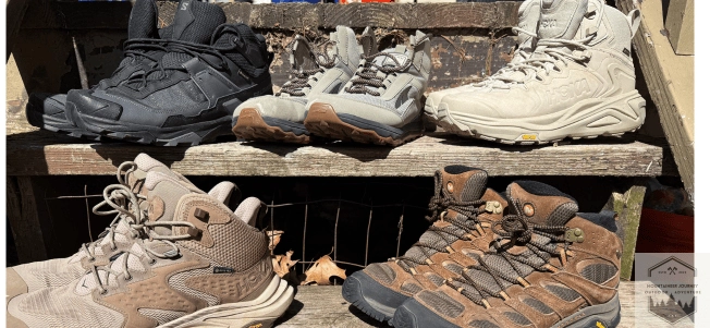 Lineup Of Our Best Mens Hiking Boots featuring all 5 boots sitting on wooden steps