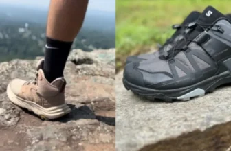 Hiking boot on left next to hiking shoe right