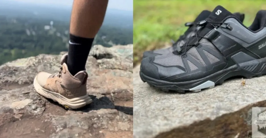 Hiking boot on left next to hiking shoe right