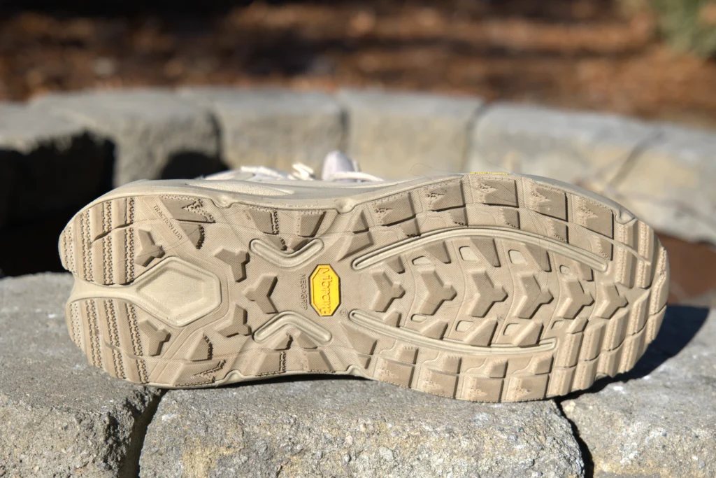 Bottom view of Hoka Kaha 3 outsole revealing intact lugs and no visible wear after a 100 miles of testing