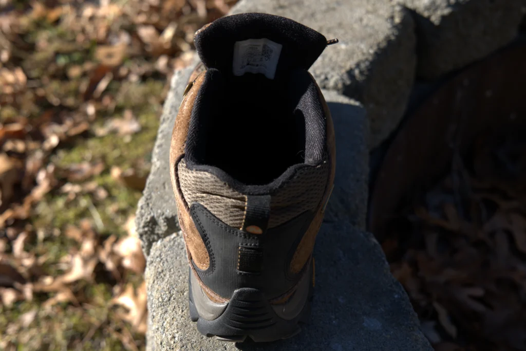 Interior view of the Merrell Moab 3 sock liner after 150 miles of testing, demonstrating intact stitching and zero fabric breakdown or friction holes in the heel collar.