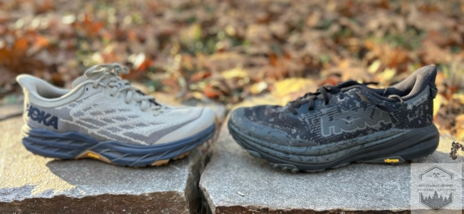 Hoka Speedgoat 5 on the left facing the Hoka Speedgoat 6 on the right