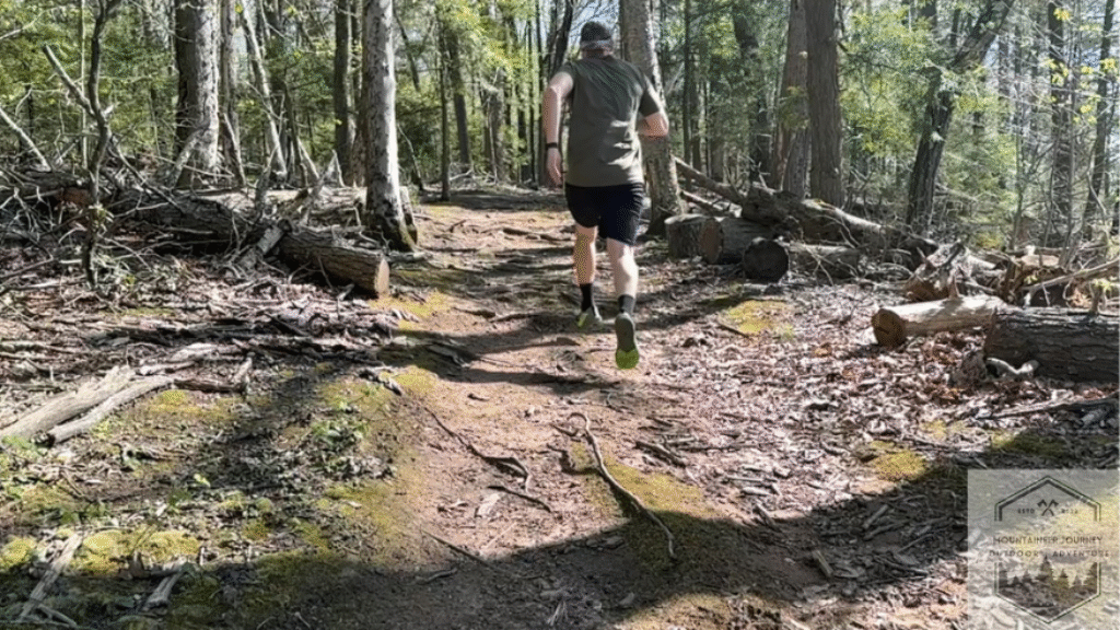running uphill in the salomon trail running shoes as part of our objective testing standards