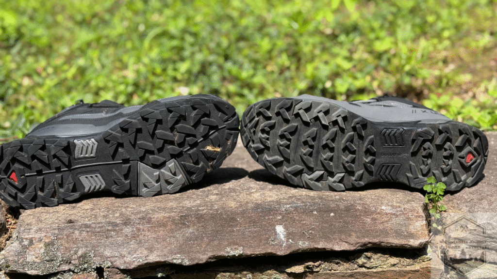 Outsole view of both boots, X Ultra 4 has more chevron shaped vs hexagonal shape of the X Ultra 5