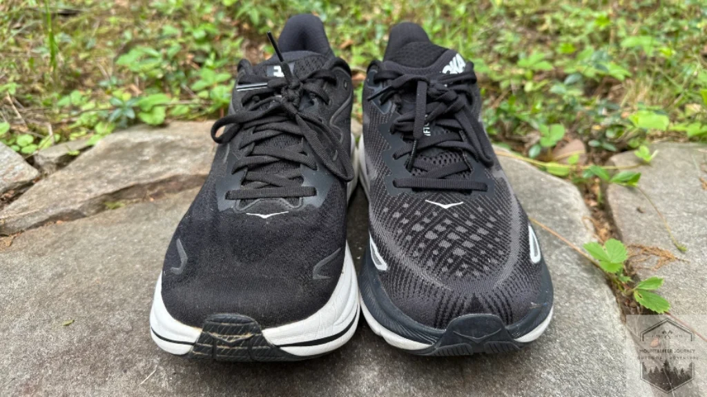 Hoka Clifton 9 toe box close-up showing engineered mesh upper and forefoot width