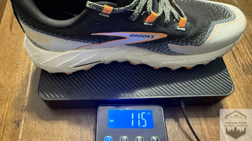 brooks Cascadia Men's 10.5 weighing 11.5 ounces on our scale per shoe