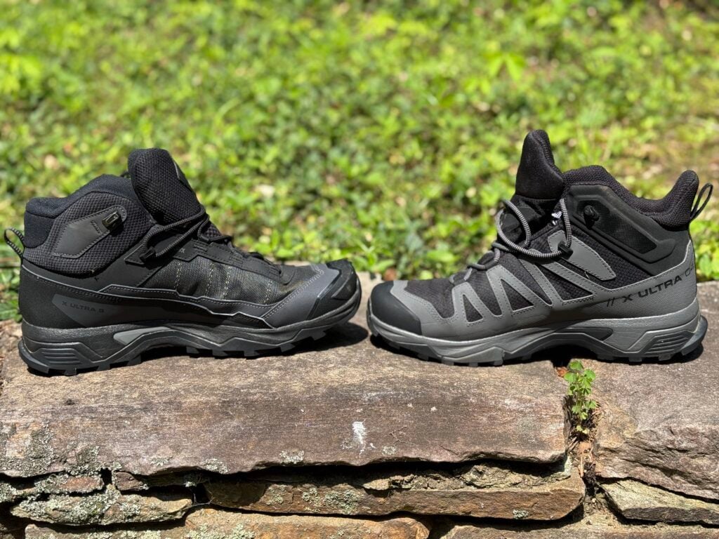 Materials difference- Carbon fiber upper on left hiking boot. Synthetic upper on right hiking boot
