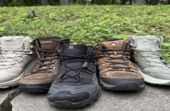All the top lightweight hiking boots lined up on a wall
