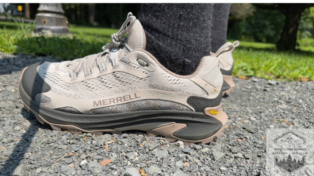 side view of the shoes on gravel trail, tongue wear after 50 miles