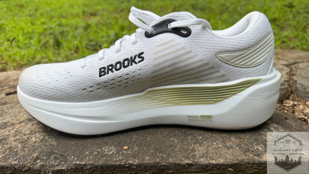 Side view of the brooks ghost max 3, showing the new double jacquard mesh with ventilation pockets