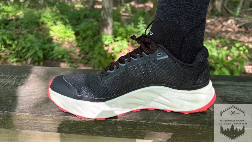 medial view of the shoe on a bench