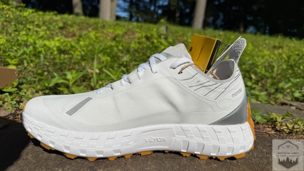 view of the entire shoe with price tag before testing
