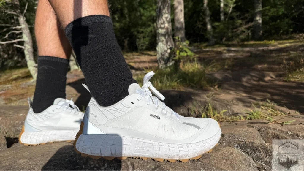 Norda 001 side profile after 100 miles of testing; Bio-Dyneema upper and Vibram outsole showing zero structural breakdown, validating the premium price point.