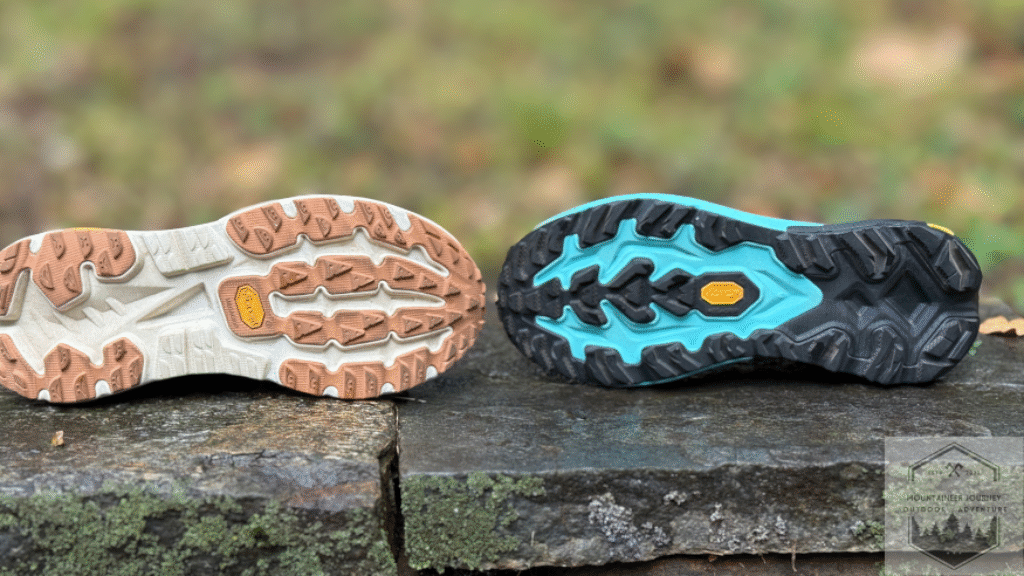 Outsole comparision, Mafate X(left) has 3.5 mm lugs while the 5 (right) has 5mm more chveron shaped lugs