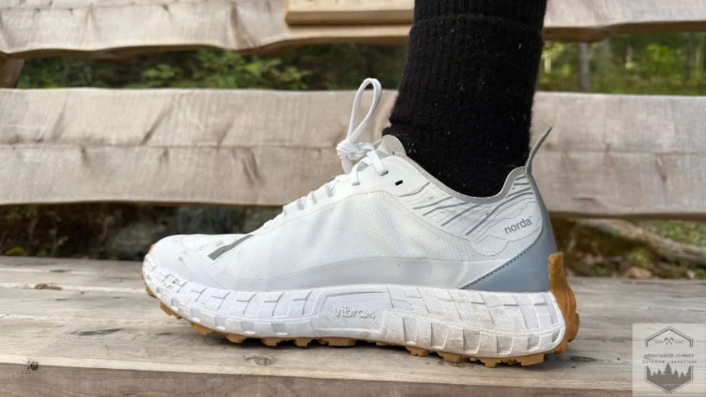 view of the stack height of the shoe on a bench
