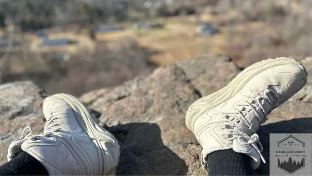View of the Hoka kaha 3 sitting during a trail after 80 miles of testing.
