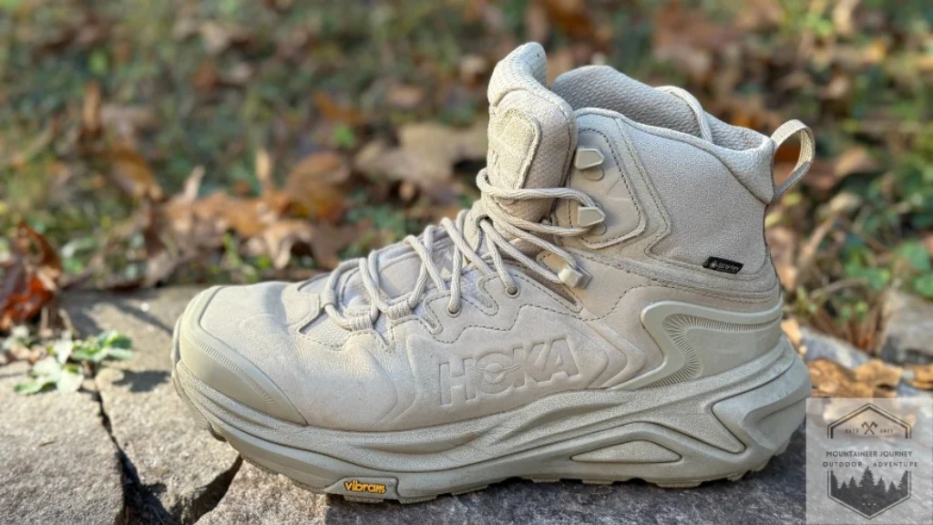 Side view of the Hoka Kaha 3 with the Nubuck leather and high outsole