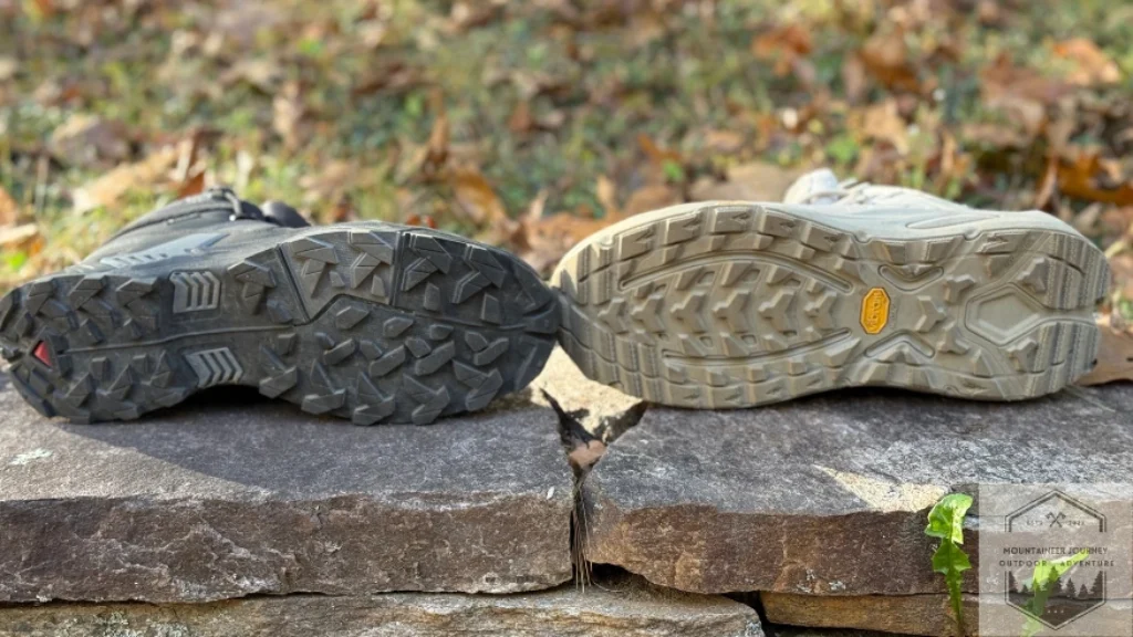 View of the Salomon X-Ultra 5 on the left with the Contagrip outsole view of lugs. View of the Hoka Kaha 3 on the right with Vibram Megagrip lugs and micro spikes.
