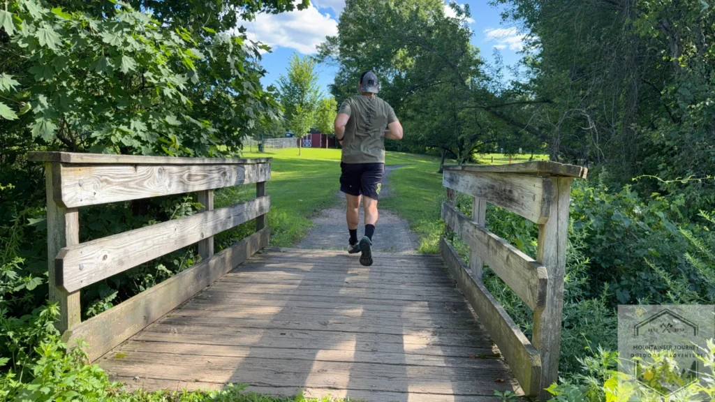 Crossing a bridge during testing of the Merrell Nova 4