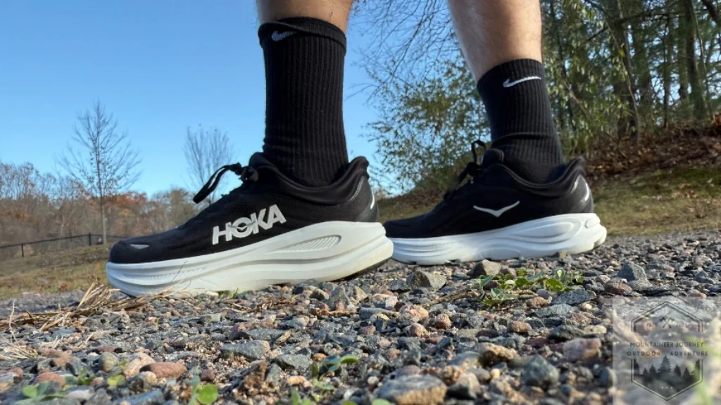 Cold-weather field test of the Hoka Bondi 9 assessing the change in midsole firmness and the performance of the Early Stage Meta-Rocker on freezing gravel.