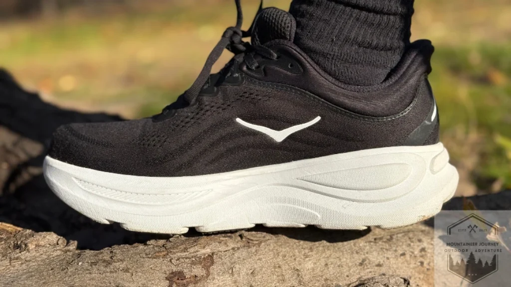 Medial side view of the Hoka Bondi 9 highlighting the breathable engineered mesh upper designed for maximum airflow and heat management during long walks.