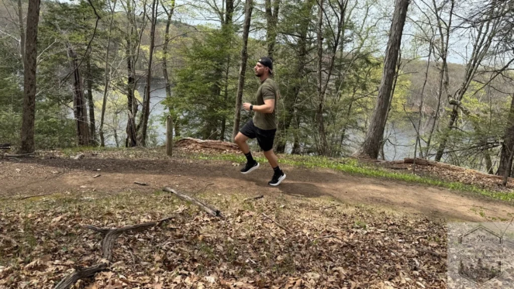 Testing out the Clifton Tone on a trail, noting the more firm ride