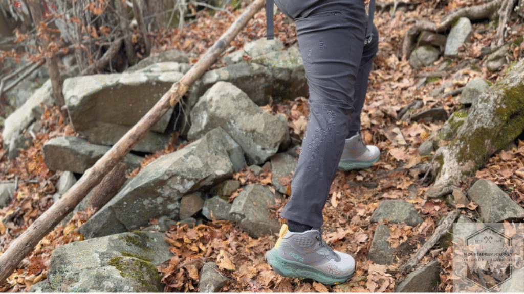 Hiking up slate rocks on trail