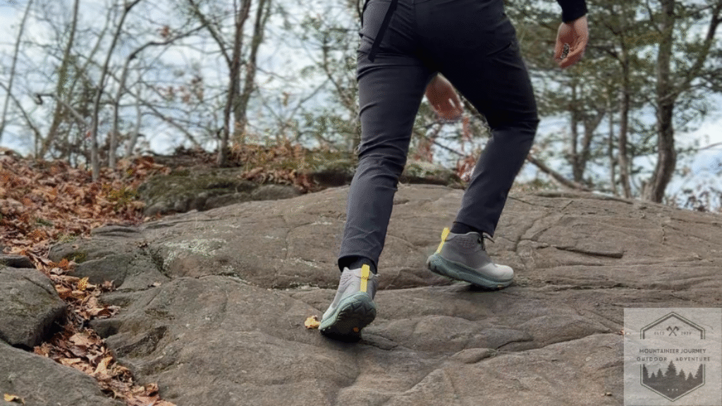 Hiking up inclined rock, testing traction