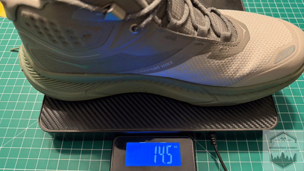 Weighing the Hoka Transport GTX on our scale at 14.5 ounces.