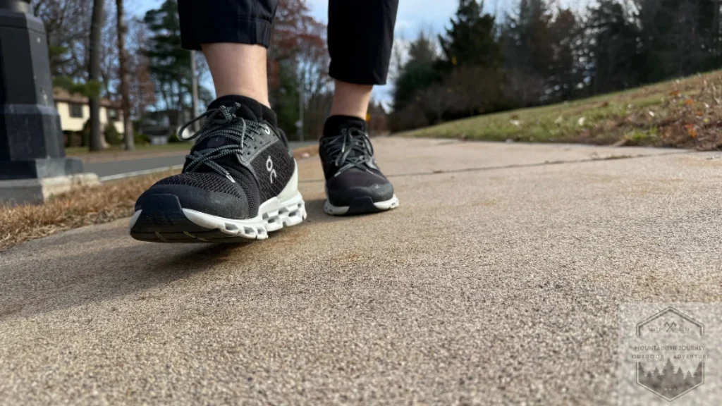 Testing the On Cloud 6 on a hard concrete sidewalk to evaluate the impact protection and shock absorption of the Swiss-engineered CloudTec pods