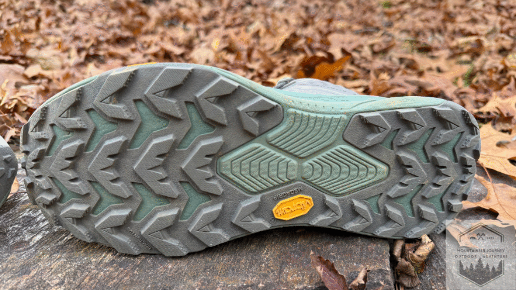 View of the Vibram Megagrip outsole with rubber microspikes