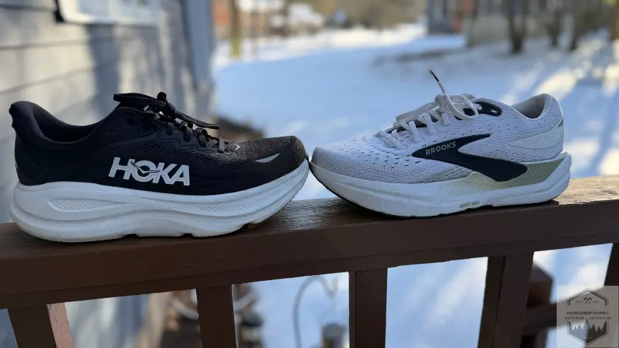 Hoka Bondi 9 (left) facing the Brooks Ghost Max 3