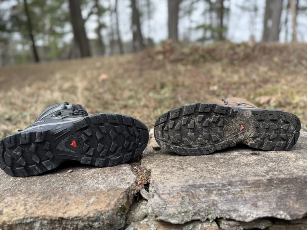 Quest 4(contagrip outsole) facing the Quest 5 outsole