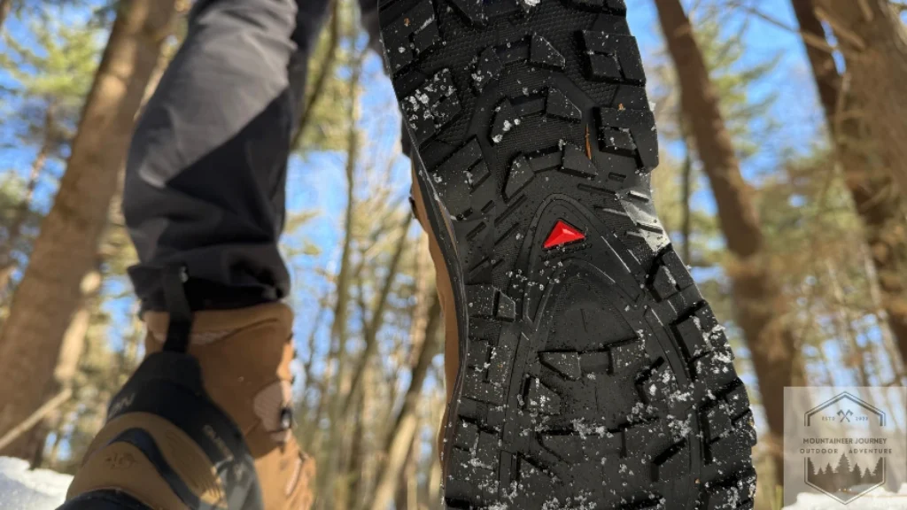 View of the Salomon Contagrip outsole while testing in the snow.