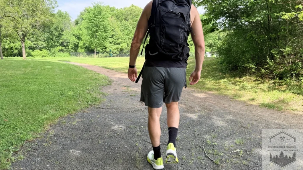View of us testing out the experience flow through on different types of terrain. Here we are moving on a mixed gravel path to test out all different types of angles for each shoe.
