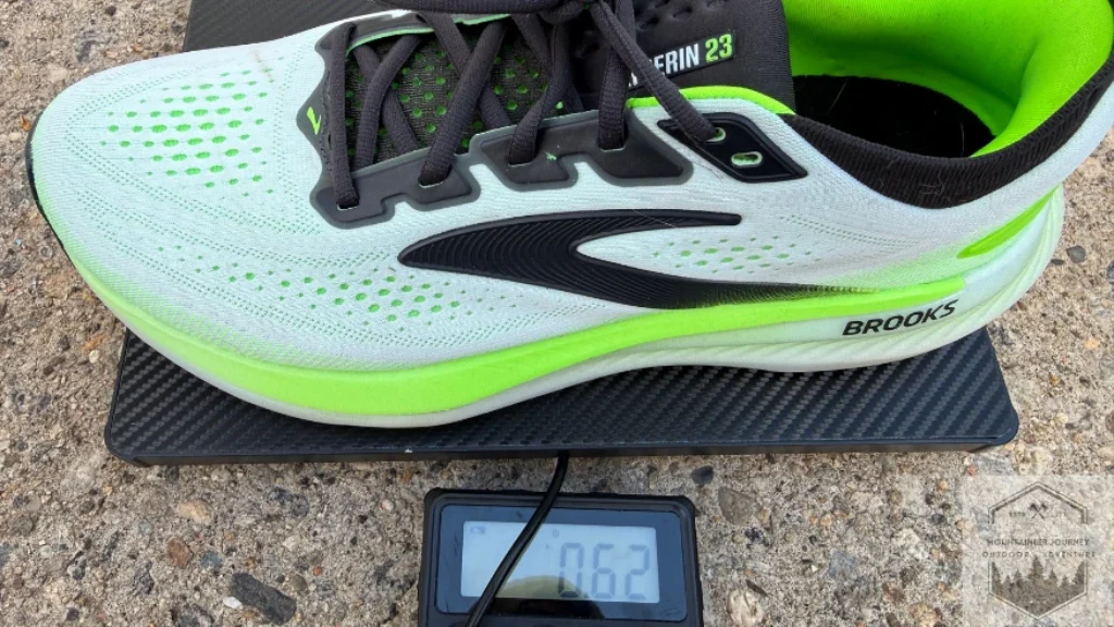 Glycerin 23 weighing .62 pounds per shoe on our scale or 9.7 oz