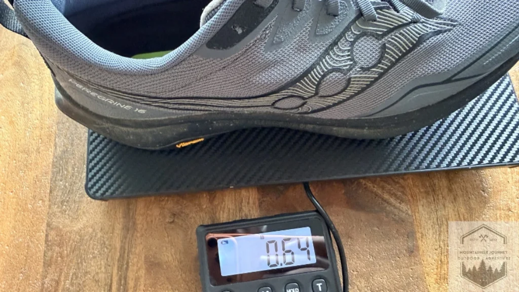Saucony Peregrine 16 on our scale weighing .64 pounds or 10.2 ounces