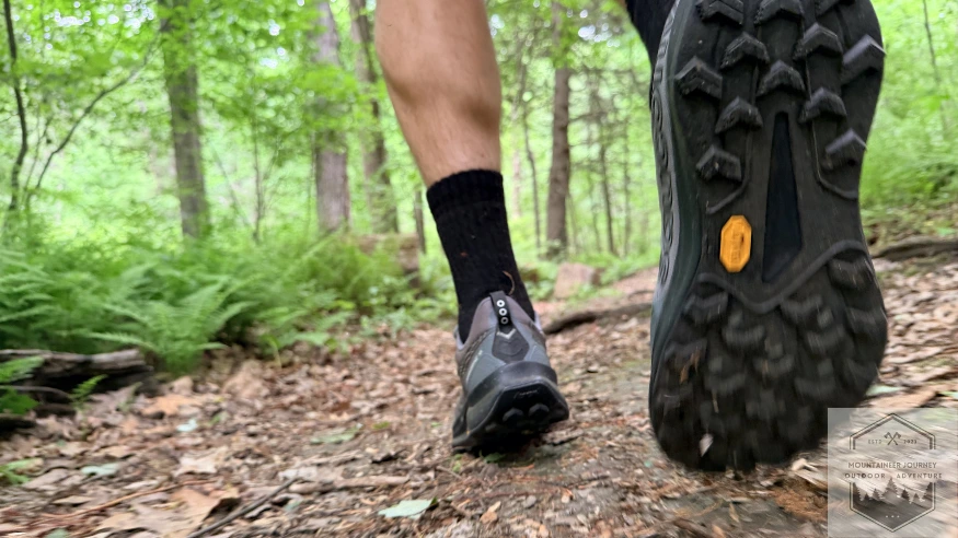 View of Happy Yak hiking socks on trail during testing
