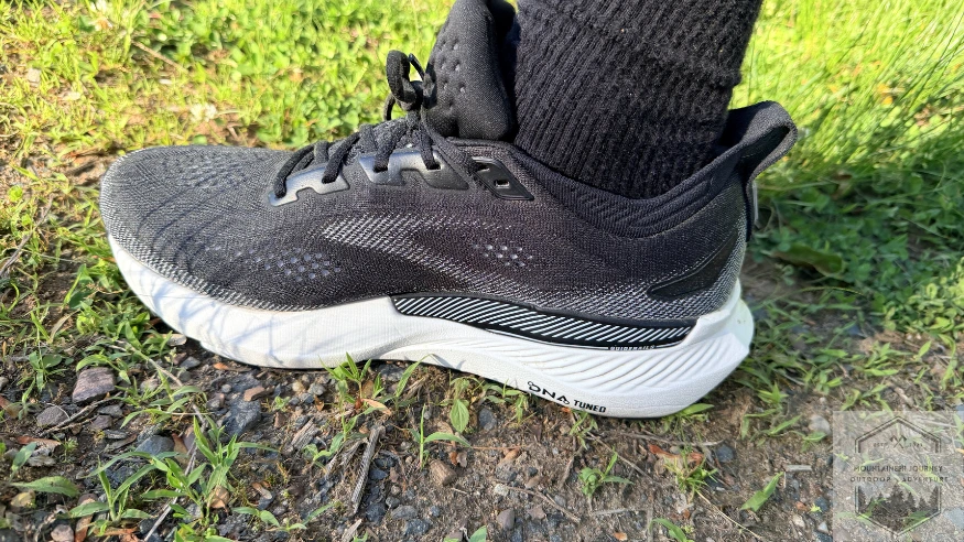 Medial side of shoe, noting the guide rails for stability
